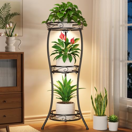 LASZOLA 3 Tiers Metal Corner Plant Stand Tall with Light for Indoor Outdoor - color: Classic Black with Light, size: 3 Tier