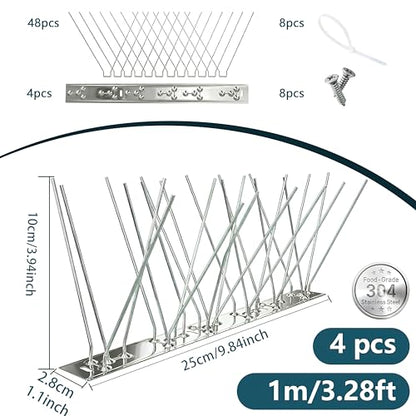 Stainless Steel Bird Spikes for Outside, Anti Bird Deterrent Spikes for Woodpeckers, Squirrels, Raccoons, Weatherproof Fence Spikes for Roof, Railing,Patio, 3.28 Feet - size: 3.28Ft