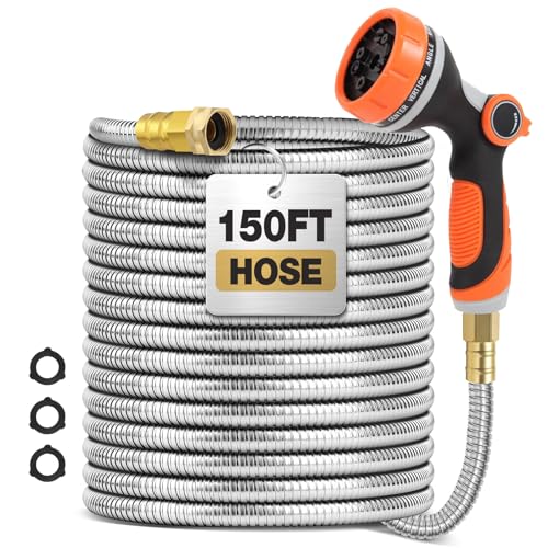 150 ft Garden Hose, Metal Water Hose 100 ft with 10 Function Nozzle & 3/4 Copper Fitting, Heavy Duty & Flexible, Kink Free & Lightweight for Yard, Outdoor, Lawn, Patio & Car - size: 150ft