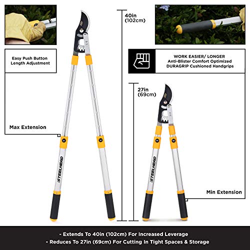STEELHEAD Heavy-Duty 27-40" Adjustable Gear-Bypass Limb & Branch Lopper, Telescoping Extendable Handles, Ratcheting, Cuts Up to 1-3/4”, Secateurs, Shock-Absorbing, Effort-Saving, USA-Based Support