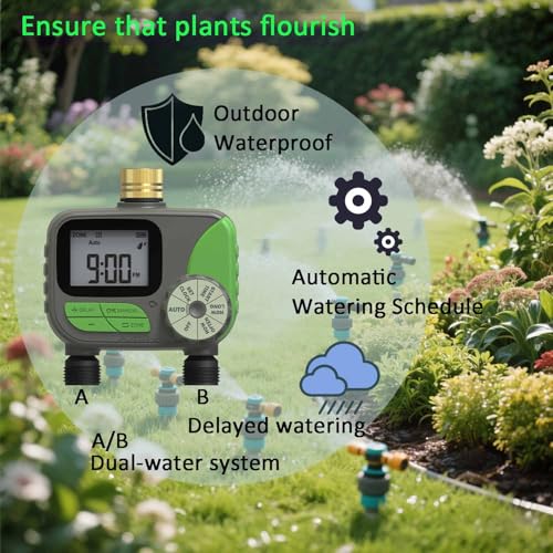 Drip Irrigation System with Water Timer for Garden,Main ID 1/2inch 32Ft and 1/4inch 136Ft Water Hose, 2-Zone Automatic Watering System Sufficient Water, Irrigation Dripper Waterflow Evenly Easy DIY