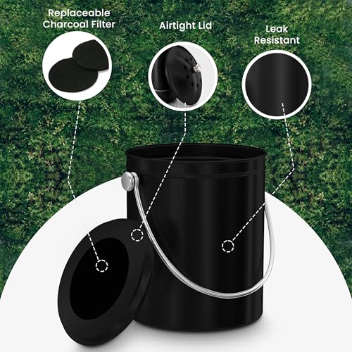 Utopia Kitchen Countertop Compost Bin 1.3 Gallon, Stainless Steel, Black - color: Black, size: 1.3 Gallon (Pack of 1)