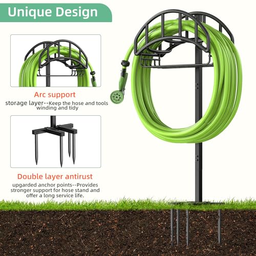 Garden Hose Holder - Upgraded Metal Reel With Tool Storage Basket | Heavy Duty Freestanding Water Hose Holder Holds 150ft, Detachable Storage Hanger for Outside - size: Arch Basket