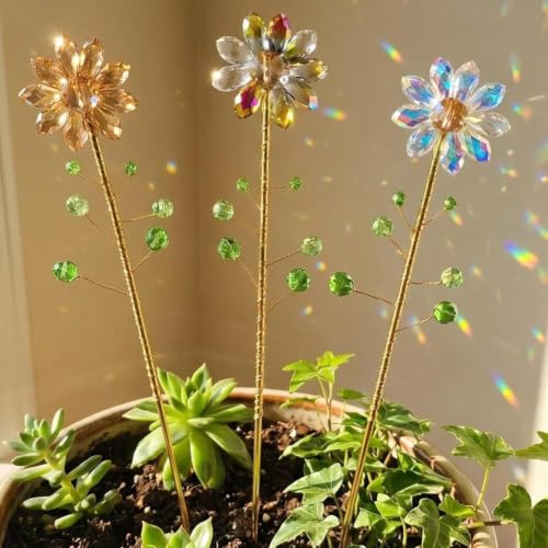 3 Pcs Crystal Sunflower Suncatchers Light Catcher 13'' Metal Stake Handmade