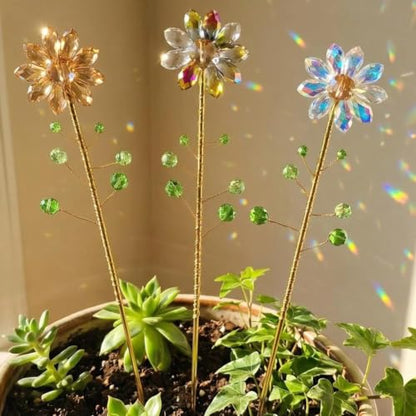 3 Pcs Crystal Sunflower Suncatchers Light Catcher 13'' Metal Stake Handmade