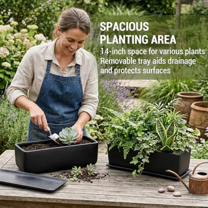MyGift Matte Black Ceramic Indoor Plant Pot Succulent Planter, Decorative Flower Planter with Drainage Hole and Removable Tray (14 inch - 2 Pack) - size: 14 inch - 2 Pack
