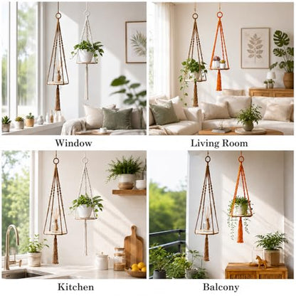 Macrame Hanging Planter with Shelf, Boho Plant Hanger for Indoor Window - color: Khaki + Orange