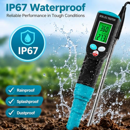 Digital Soil EC Meter 2-in-1 Porfessional Plants EC Temperature Tester Meter with Corded Sensor, Backlight LCD Display, Temperature Compensation, Easy Calibration for Soil Plants Lawn Nutrient Test