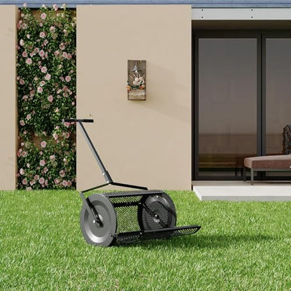 24 Inch Compost Spreader, Peat Moss Spreader with Adjustable Handle, Roller Lawn Spreader with Sliding Door & Easy Assembly for Peat Moss, Manure, Topsoil