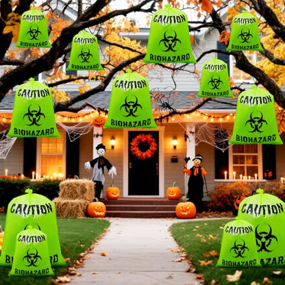 12 Pcs Green Large Halloween Lawn Leaf Bags Outdoor,Biohazard