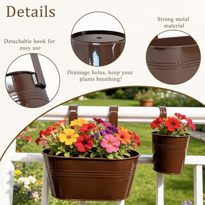 8 Pack Mixed Size Metal Railing Planters with Hanging Hooks, Chocolate - color: Chocolate, size: Oval 10"*4 + Round 4"*4