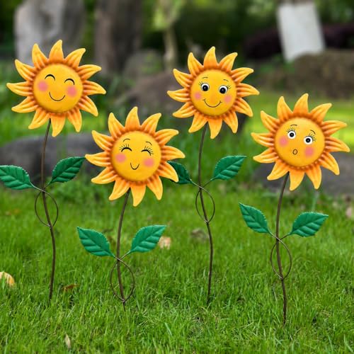 4 Pack Smiley Sunflower Decorative Garden Stakes, 20.5 Inch Metal Flower Garden Stakes for Outside, Yard Art Outdoor Decor for Lawn Planter Porch Patio - color: Yellow-444