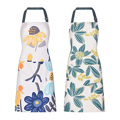 2 Pack Floral Apron for Women with Pockets, Adjustable Cotton Chef Aprons for Kitchen, Cooking, BBQ & Grill - color: Turquoise/Leaf