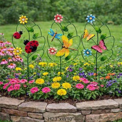 3 Pack Metal Garden Stakes, Butterfly Dragonfly Ladybug Outdoor Decor