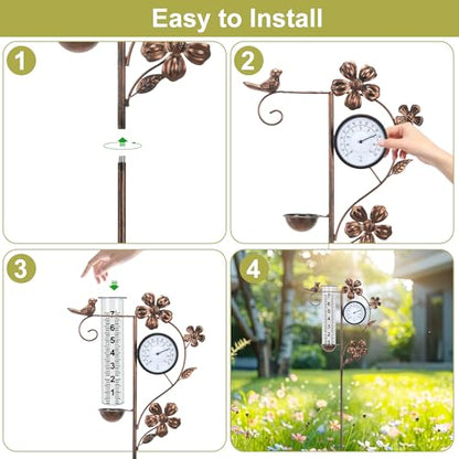 Rain Gauge Outdoor with Thermometer Garden Decorative, Bird Rain Gauges