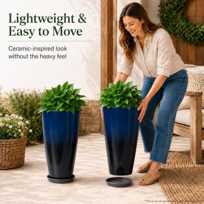 Neoaider Set of 2 Tall Planter, 21 inch Large Plastic Planter, Dark Blue - color: Dark Blue
