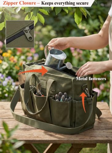 Garden Tool Bag, 9-Pocket Gardening Organizer Tote with Shoulder Strap, Heavy Duty Green Tool Bag