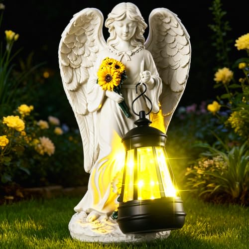 Solar Garden Decor Angel Statue Grave Decorations for Cemetery - color: White Sunflower Angel