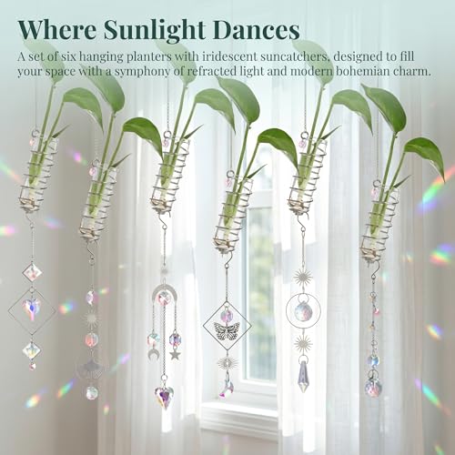 6Pcs Wall Hanging Glass Propagation Station with Crystal Planter Suncatcher - color: Silver-2