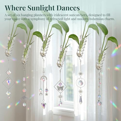 6Pcs Wall Hanging Glass Propagation Station with Crystal Planter Suncatcher - color: Silver-2