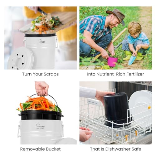Chef's Star Countertop Compost Bin, Indoor Compost Bin, Small Composter, White, 0.8 Gallon, Metal - color: White