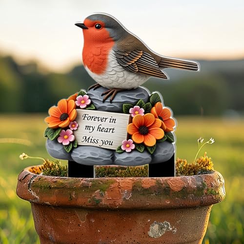 Memorial Robin Bird Acrylic Garden Stake, Indoor and Outdoor Garden Acrylic Decoration, Idea Gift for Flower Potted Ornament and Landscape Beautification, Suitable for Courtyards and Lawn
