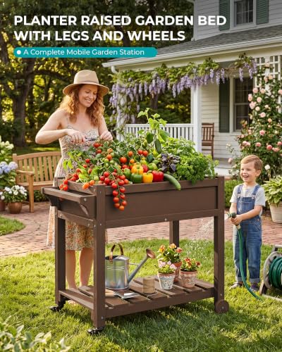 SERWALL Raised Garden Bed on Wheels with Storage Shelf,Brown - color: Brown, size: 1 Pack