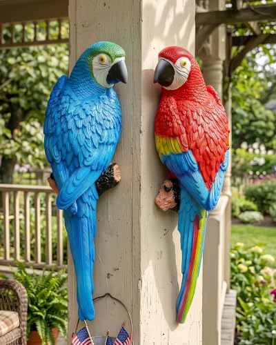 Real Tropical Hanging Parrot Decor,Bird Figurines,Resin Bird Statues,Home Ornament Decor for Tiki Bar,Perfect for Yard Ornaments,Tree Decorations Outdoor,Patio,Lawn,Tree Trunk, Porch - color: Red Blue