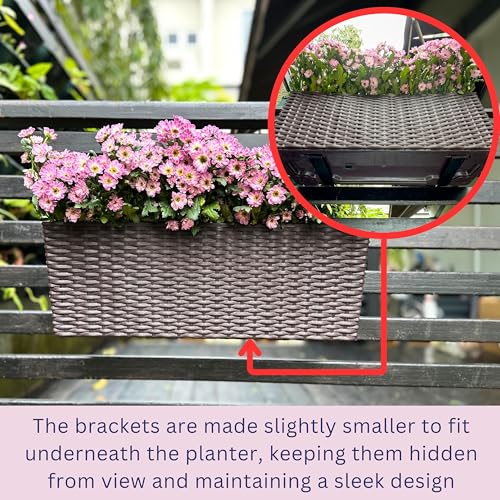 LaLaGreen Outdoor Rail Planter for Balcony (20 Inch, 2 Pack) Large Black Self Watering Railing Planters with Brackets, Rectangular Plastic Window Flower Box Fence Designer Choice with Rattan Pattern - color: Brown X 2