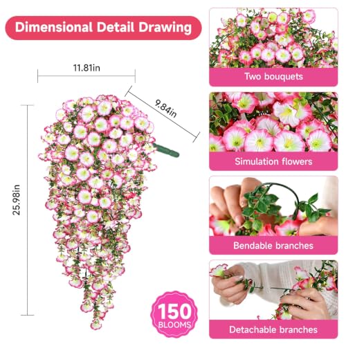 Artificial Hanging Flowers for Outdoors, 2 PCS 300 Blooms, Pink - color: Pink