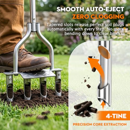 4-Tine Manual Core Lawn Aerator, 4-Inch Plug Aerator, Heavy-Duty Steel