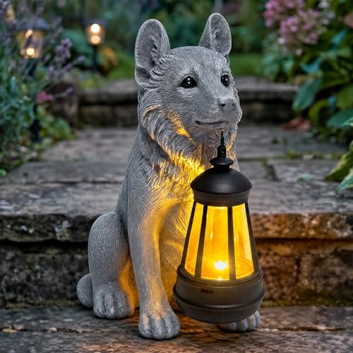 Solar Dog Garden Statue, Outdoor Decoration with Lantern - color: German Shepherd