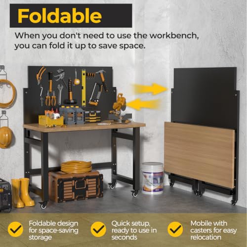 Mobile Folding Workbench, Pegboard & Wood Top Work Table, 1 Pack - size: 59"H x 47.2"W x 23.6"D