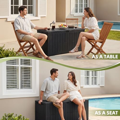 100 Gallon Deck Box Outdoor Storage Box Lockable Waterproof Resin Indoor Outdoor Storage Container for Patio Cushions, Tools, Package Delivery Boxes for Outside