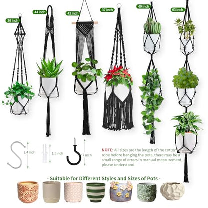 Macrame Plant Hangers, 6Pack Hanging Plant Holders Indoor, Black - color: Black