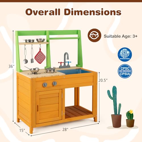 Costzon Mud Kitchen for Kids Outdoor, Wooden Play Kitchen w/Stoves, Removable Sink, Faucet, Oven, Cooking Accessories, Storage Shelves, Montessori Pretend Kitchen Playset for Girls&Boys 3+ Years Old - style: with Storage Shelf