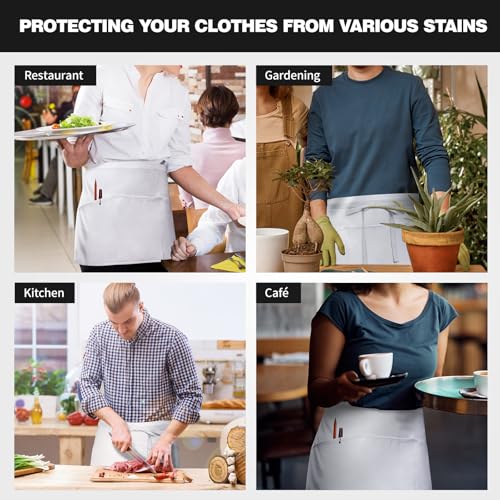 3 Pockets Waitress Apron Server Aprons - Half Aprons for Men & Women Waterproof and Oil Proof - color: 01-white