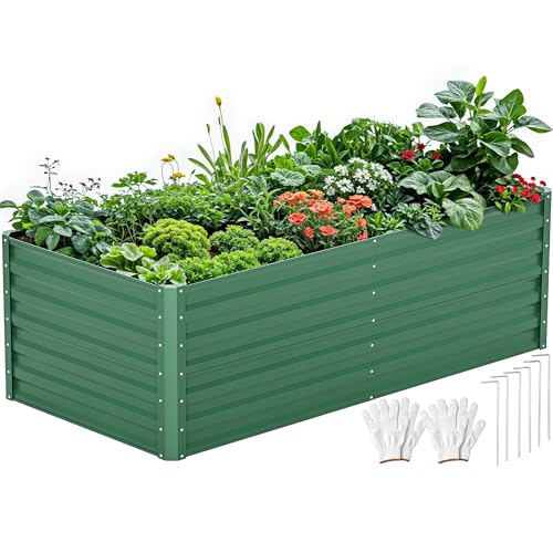 DWVO 6 x 3 x 2 FT Raised Garden Bed Kit, Outdoor Galvanized Flower Bed with Gloves, Large Metal Planter Box for Vegetables, Flowers, Herbs, Fruits, Green - color: Green, size: 6x3x2ft