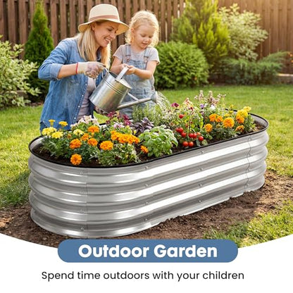 DUMOS Galvanized Raised Garden Bed, Outdoor Planter Box, 4x2x1ft - color: Silver (Oval), size: 4×2×1ft