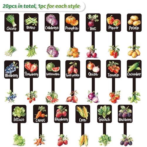 Whaline 20Pcs Watercolor Vegetable Fruit Plant Label Signs, 20 Styles - color: Black