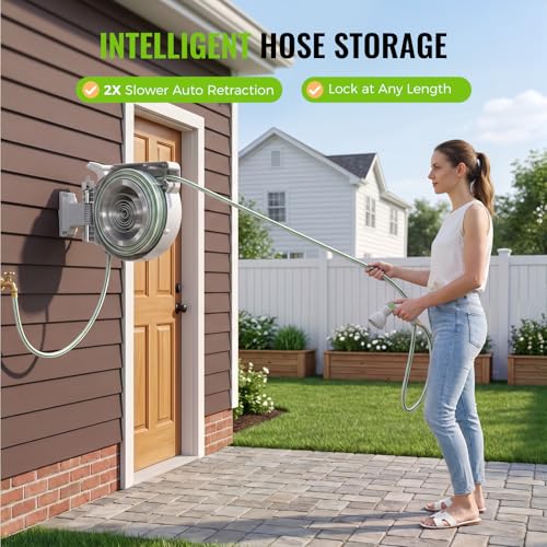 Retractable Garden Hose Reel 1/2"x100ft with 10-Function Nozzle - color: White & Gray