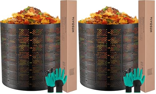 VIVOSUN 500 Gallon Outdoor Compost Bin, Expandable Composter, Easy to Setup & Large Capacity for Backyard, Lawn (Black with Gloves) (Pack of 2) - size: 500 Gallon (Pack of 2)