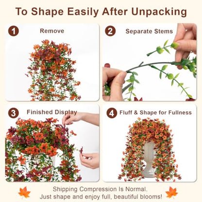 Artificial Hanging Flowers for Outdoors, 2 PCS 344-Bloom UV Resistant Mums - color: Orange Burgundy