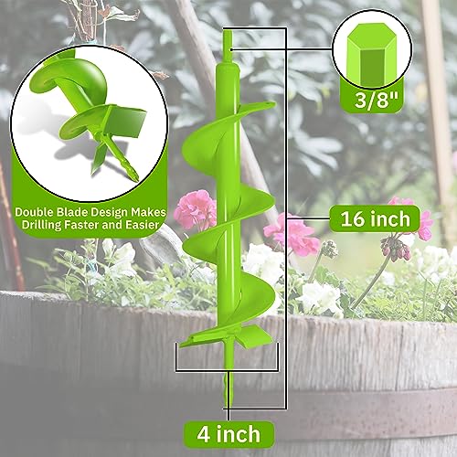Upgraded Garden Auger Drill Bit 4 x 16”,Double Blade Heavy Duty Garden Auger Bit,Ice Drill Auger-3/8" Hex Drive Drill, for Planting Bulb & Bedding Plant Augers