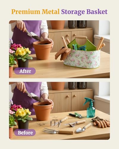 9Pcs Garden Tool Set with Stainless Steel Tools&Metal Basket, Pink - color: Pink