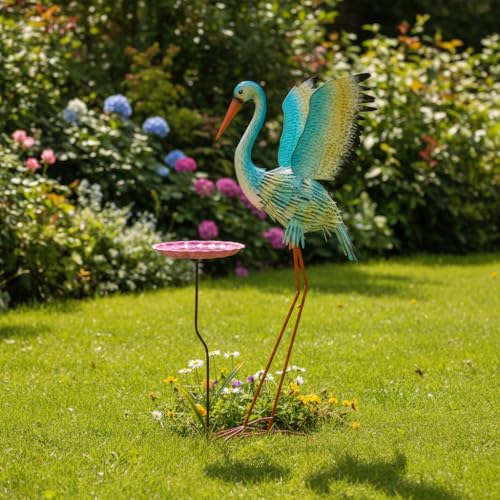 39" Large Heron Garden Statue,Crane Outdoor Statues with Leaf Tray - color: 39 Inch Green+pink With Leaf Tray