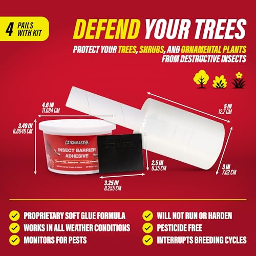 Catchmaster Tree Banding Insect Barrier DIY Kit 4Pk, 15oz., Spreader, 1Kft Roll Plastic Wrap, Lanternfly & Ant Traps, Outdoor Adhesive Crawling Insect Trap to Protect Trees, Fruit & Plants - size: 4 Tubs+ 1 Spreader + 1 Wrap