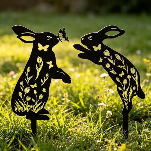 2 Pcs Metal Bunny Garden Stakes, Decorative Rabbit Silhouette Yard Art - color: Bunny