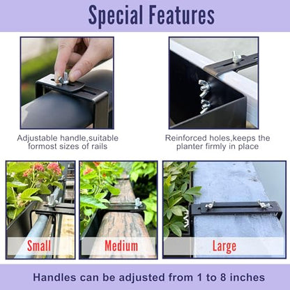LaLaGreen Railing Planter Box (30 Inch, 4 Pack) Large Black Metal Rectangular Hanging Flower Boxes with Brackets, Planters for Outdoor Deck Railings Fence Balcony Patio Porch Over Rail Garden Decor - size: 30" x 4 Pack