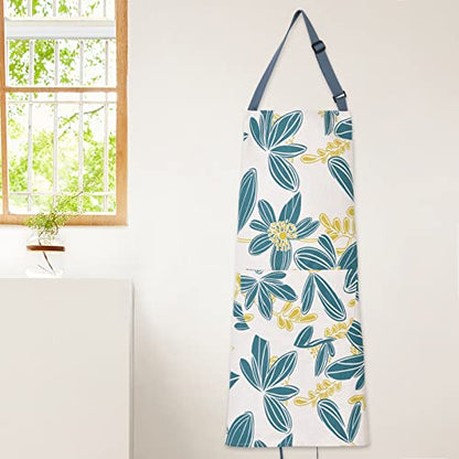 2 Pack Floral Apron for Women with Pockets, Adjustable Cotton Chef Aprons for Kitchen, Cooking, BBQ & Grill - color: Turquoise/Leaf